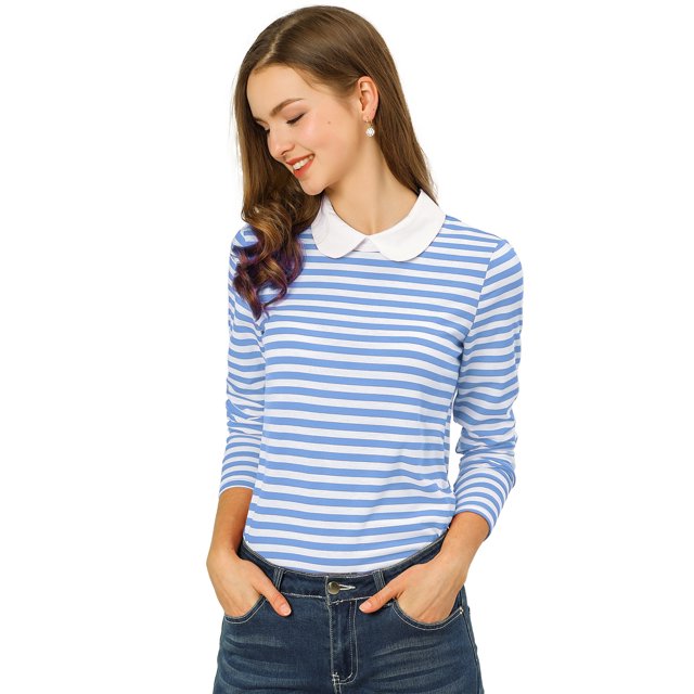 INSPIRE CHIC Hauts Contrastés à Rayures pour Femmes à Manches Longues avec Col Peter Pan