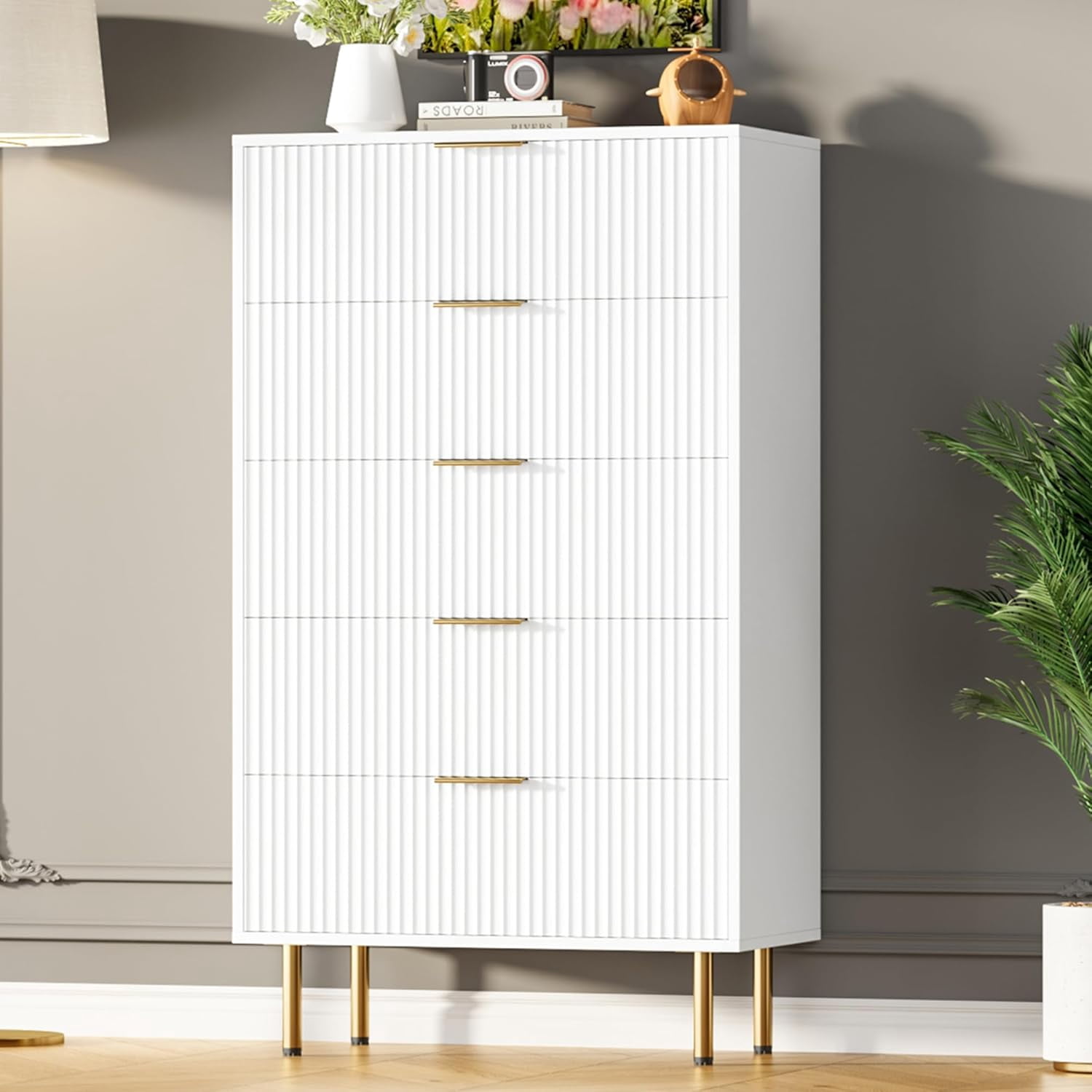 5 Drawer Dresser for Bedroom Chest of Drawers, 27" Wide Fluted Dresser with Drawers, Modern Wooden Dressers with Metal Handles for Living Room, Hallway