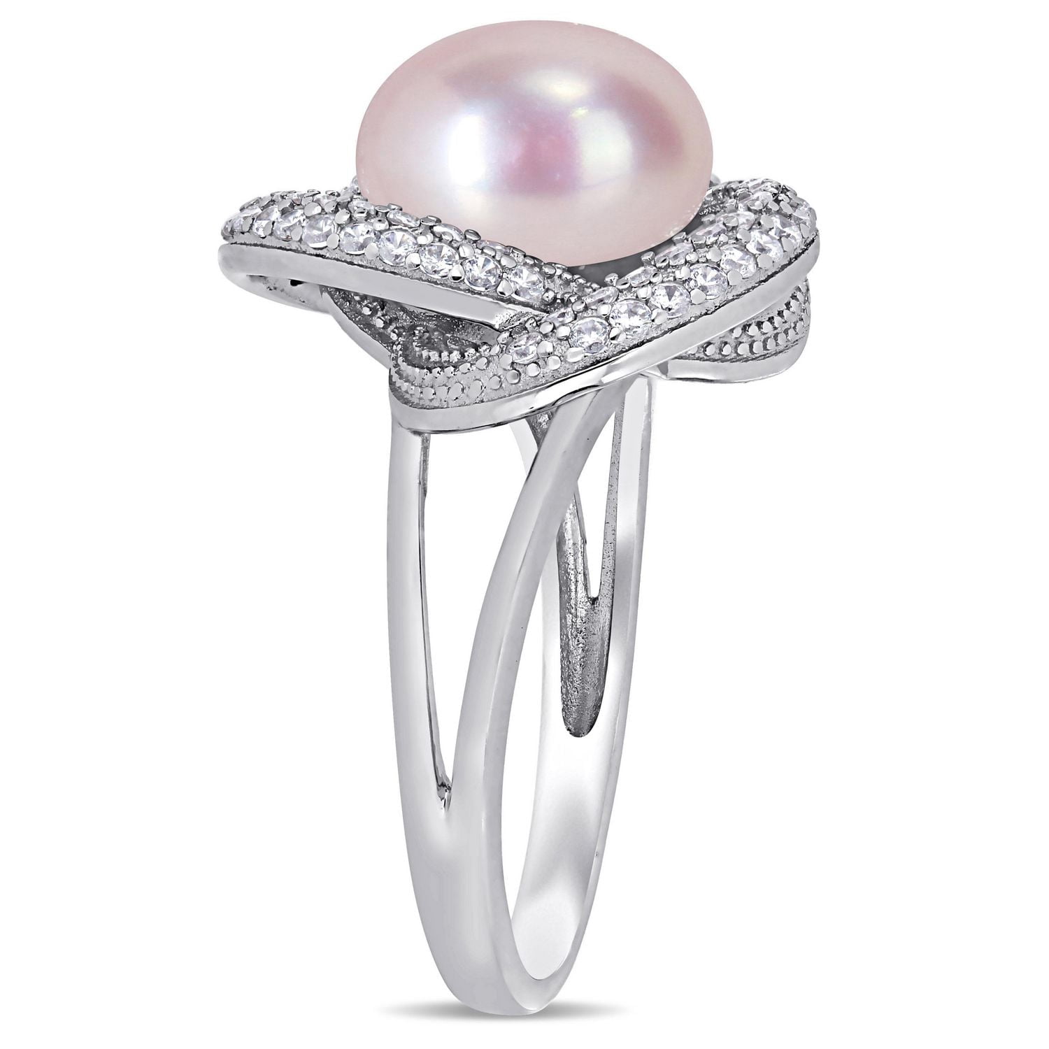 Bague entrelacée Miabella avec perle rosée cultivée d'eau douce et zircons cubiques 3/4 CT PBT en argent sterling