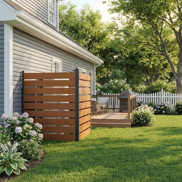 Yiwa Natural Cedar Privacy Screen, measuring 49" high by 38" wide per panel, offers two panels for a no dig fence solution, perfect for hiding trash bins, AC units, or pool gear on patios or decks