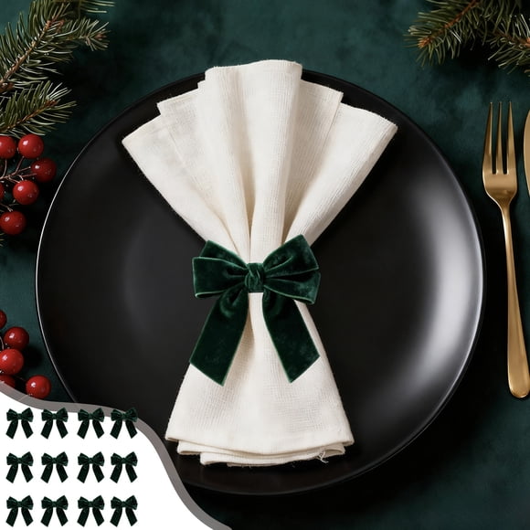 Iumwxz Ensemble de 12 Anneaux pour Serviettes de Noël Verts en Polyester avec Nœud, Supports pour Serviettes pour Décorations de Table des Fêtes, Chaque Anneau Mesure 5.4x4.5x4cm, Réutilisable pour les Dîners Quotidiens