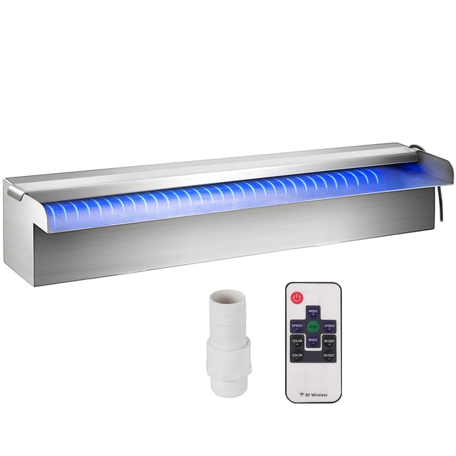 VEVOR Pool Fountain Stainless Steel Pool Waterfall 11.8\" x 4.5\" x 3.1\"(W x D x H) with LED Strip Light Waterfall Spillway with Pipe Connector Rectangular Garden Outdoor