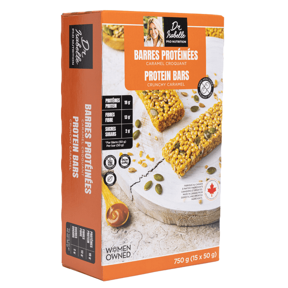 Dr Isabelle - PhD Nutrition, Gluten-free, Peanut-free, High-Protein, High Fiber Content 19g, Crunchy Caramel Bars; Box of 750g (15 Bars x 50g), 15 Bars.
