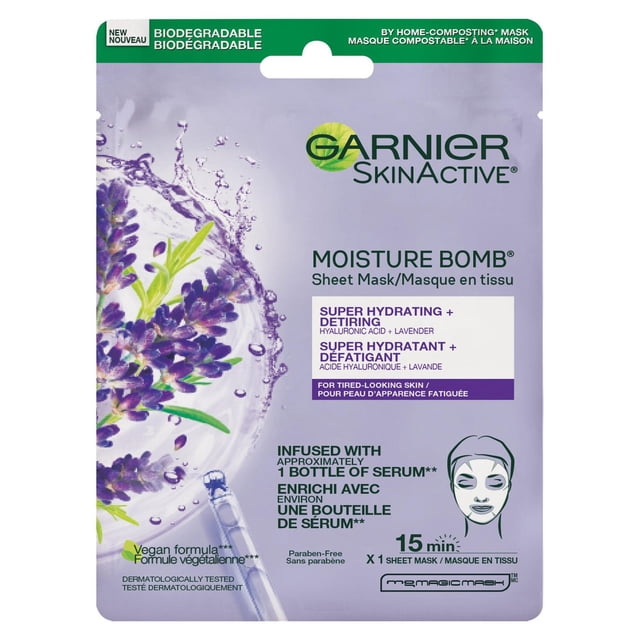 Garnier SkinActive Bombe d'Hydratation Super Hydratant Emballage de Masque en Feuille Couleur Lavande, Biodégradable et Compostable pour la Maison, Infusé d'Environ une Bouteille de Sérum Contenant de l'Acide Hyaluronique et de la Lavande, Conçu pour une Peau d'Apparence Fatiguée, Formule Végane, Sans Parabènes, Testé Dermatologiquement, avec une illustration de Masque Facial et des Informations de Produit Bilingues.