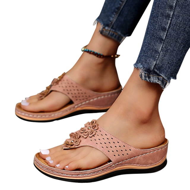 Sandales de Plage Orthopédiques à Fleurs pour Femmes, Style Bohème, à Plateforme Compensée, Sandales à Enfiler pour Robe, Plage, Été, Marche