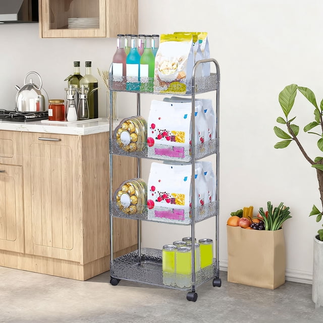 Four-Tier Floor Storage Rack, Multi-Layer Transparent Cabinet on Wheels, for Kitchen, Bathroom, and Living Room, Durable and Versatile Organizer