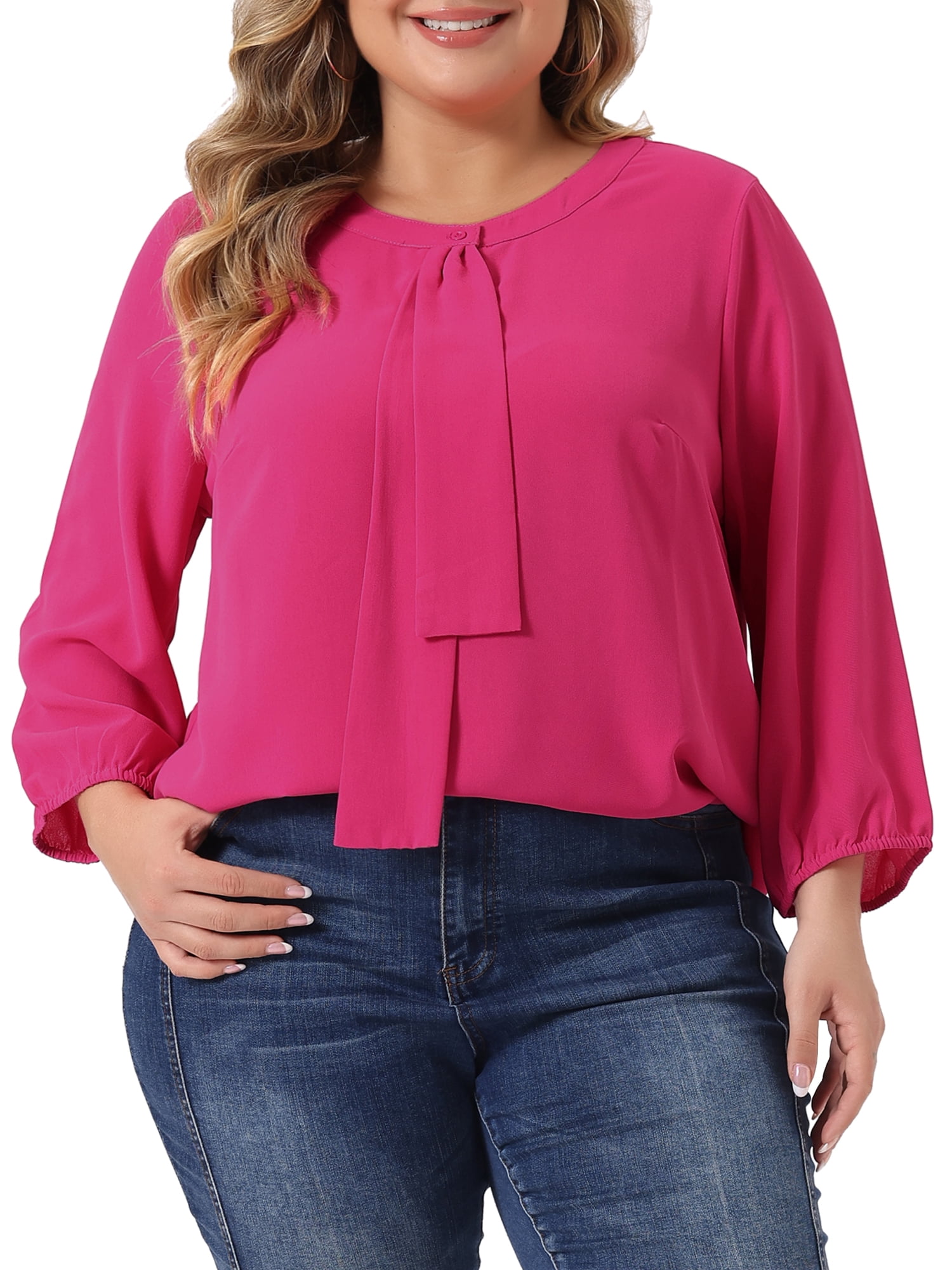 GRACE & GRANDEUR Women's Plus Size Round Neck Tie Front Ruffle Chiffon Work Blouses 2X Hot Pink