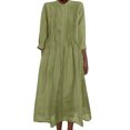 thumbnail image 2 of Robes Maxi en Coton et Lin pour Femmes, Robe Tunique à Boutons Col Ras du Cou Manches Longues Plissée Ligne a Fluide Longues Robes Robes Midi pour Femmes Vert m, 2 of 9