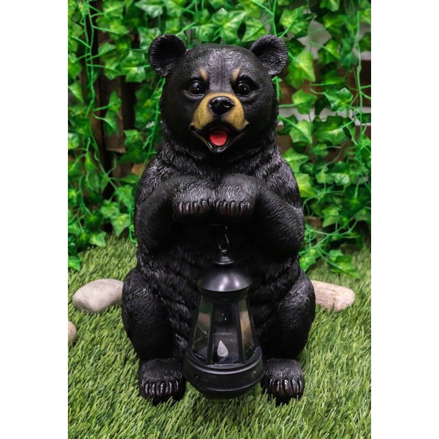 Rustic Garden Cute Black Bear Holding Solar Lantern Path Light Greeter Statue