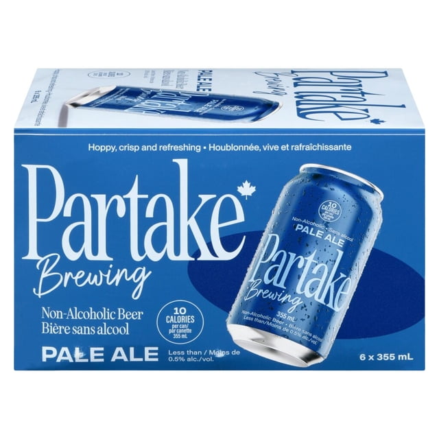 PARTAKE PALE NA 355ML six-pack of non-alcoholic pale ale beer in blue packaging featuring a tilted can with water droplets, labeled 10 calories, 4 grams carbs, 0 grams sugar, and less than 0.5% alcohol by volume, suitable for refreshing low-calorie drink options.