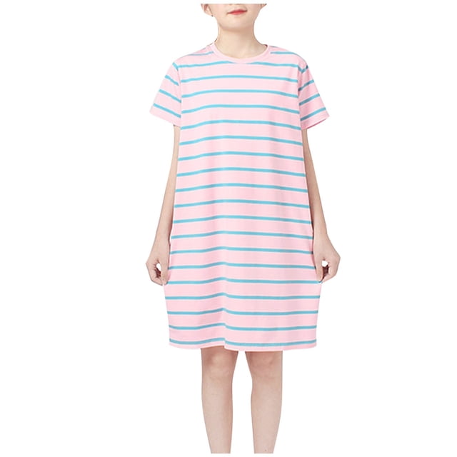RXIRUCGD 2025 Vêtements d'Été pour Enfants Robe d'Été pour Filles Robe de Nuit Rayée à Manches Courtes pour Enfants