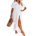 thumbnail image 4 of Femmes Maillot de Bain Couvrir Robe Manches Courtes Côté Divisé Bouton vers le Bas Longue Chemise Robe Cardigan Maxi Plage Robe Bleu, 4 of 7