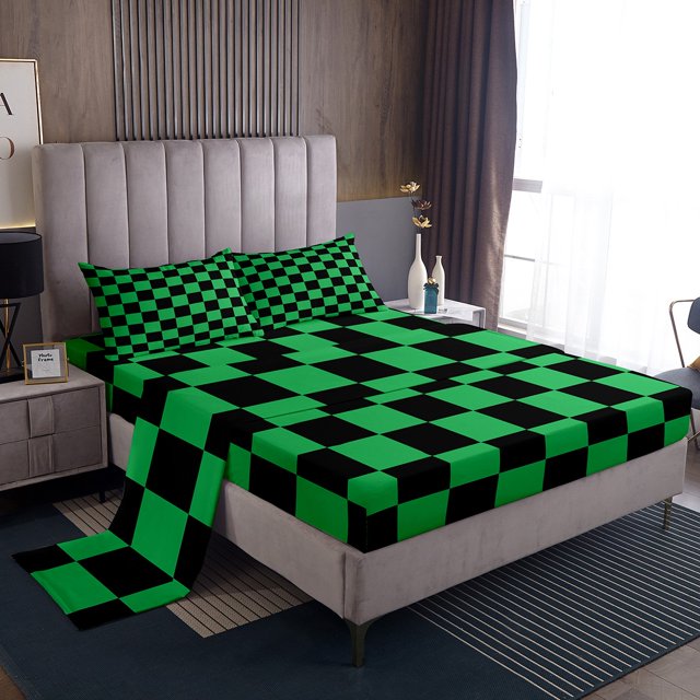 Erosebridal Checkered Gingham Full Sheet Sets, Green Black Bedding Full Size, Rectangle Geometry Decor