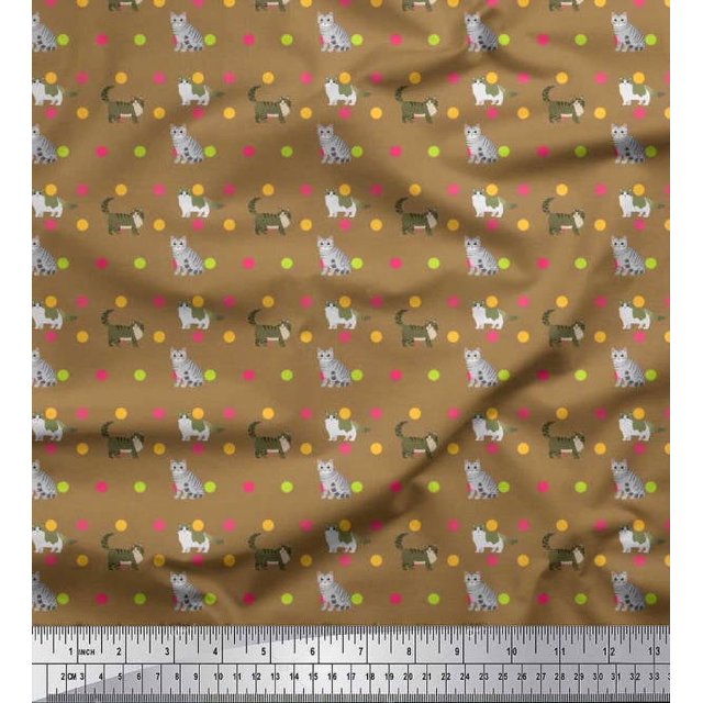 Soimoi Moss Georgette Fabric Dot & Cat Animal Printed Fabric 1 Yard 42 Inch Wide