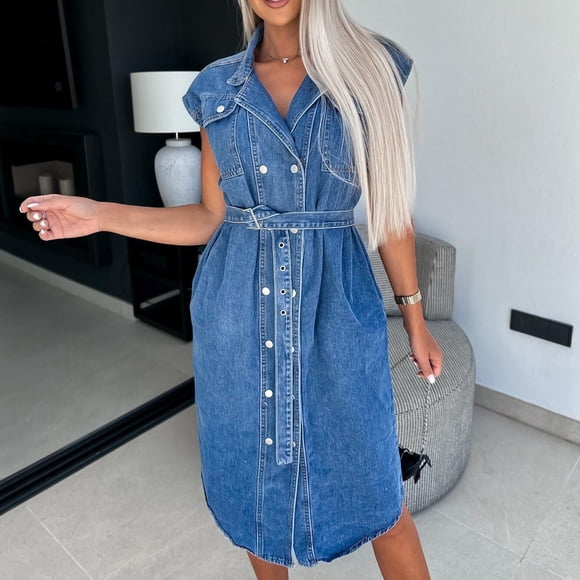 Nuoqisi Denim Dress for Women Casual Fashion Sleeveless Belted Button Down Midi Jean Dresses for Women 2026