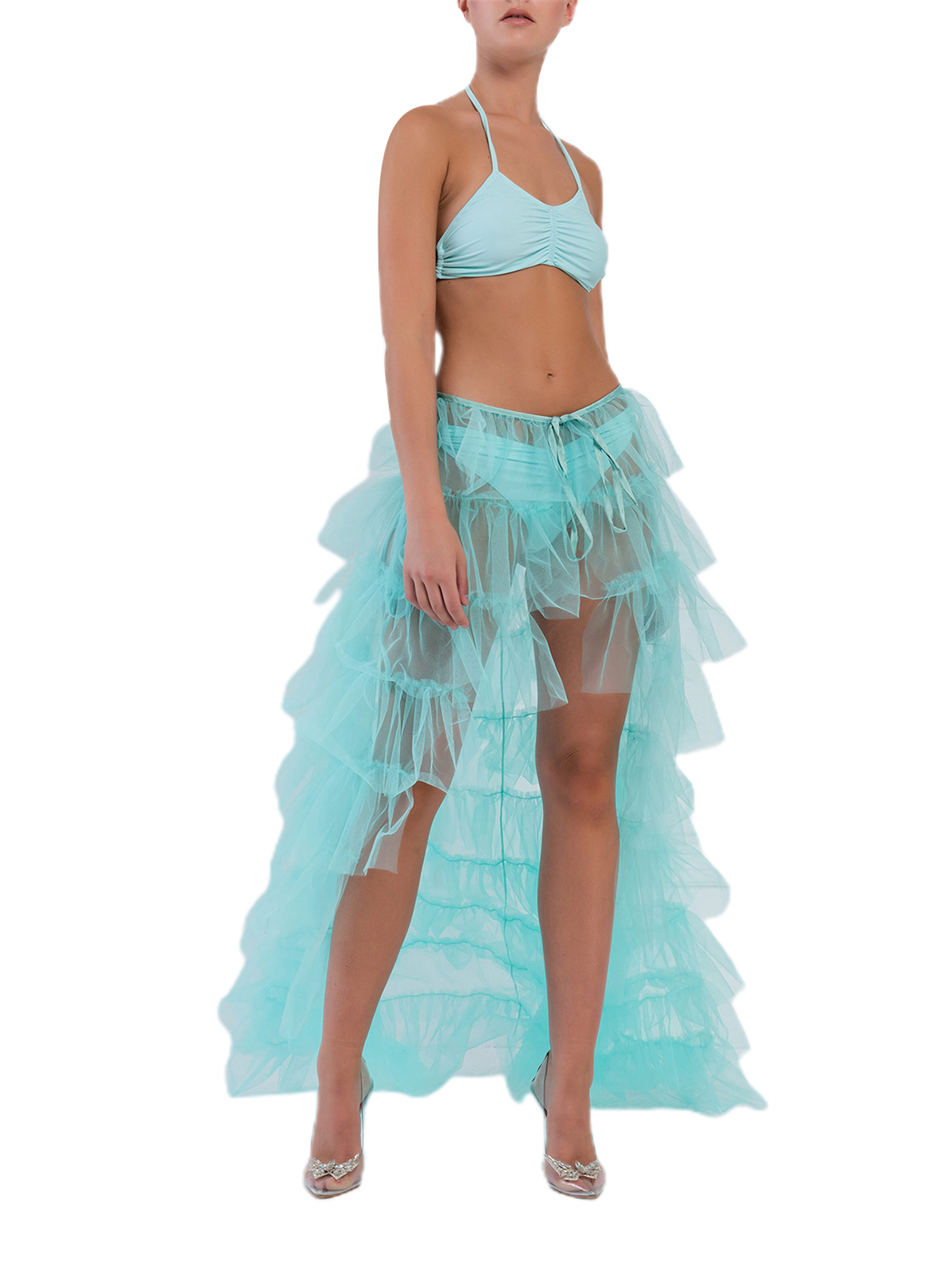 Fortune Women Tulle Skirt Solid Color Mesh Irregular Floor Length Party Skirt
