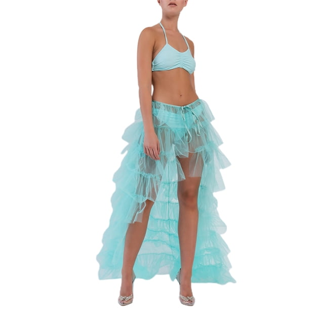 Fortune Women Tulle Skirt Solid Color Mesh Irregular Floor Length Party Skirt