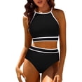 thumbnail image 2 of Penkiiy Swimsuit Set for Women 2 Piece Ribbed High Waisted Bikini Set Sporty Color Block Bathing Suits M Black, 2 of 7
