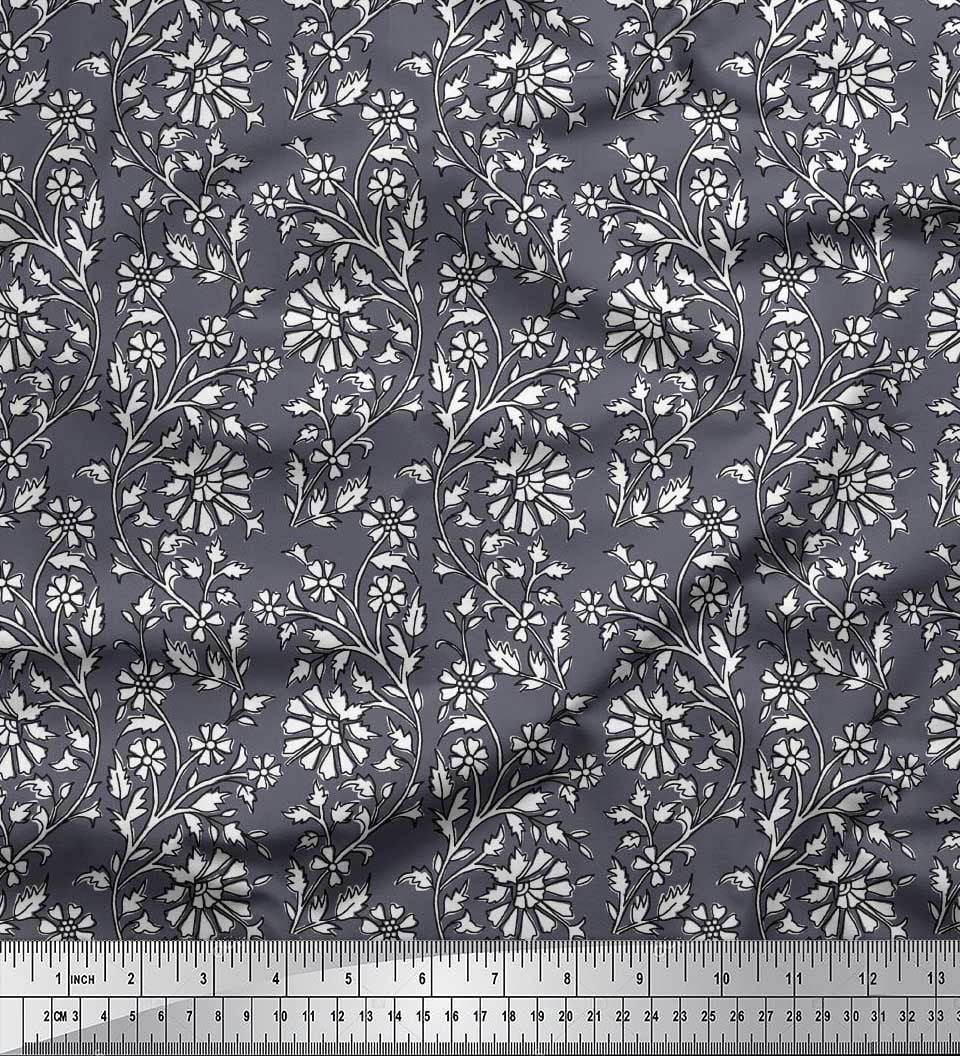 Soimoi Silk Fabric Leaves & Floral Block Print Fabric by The Yard 42 Inch Wide