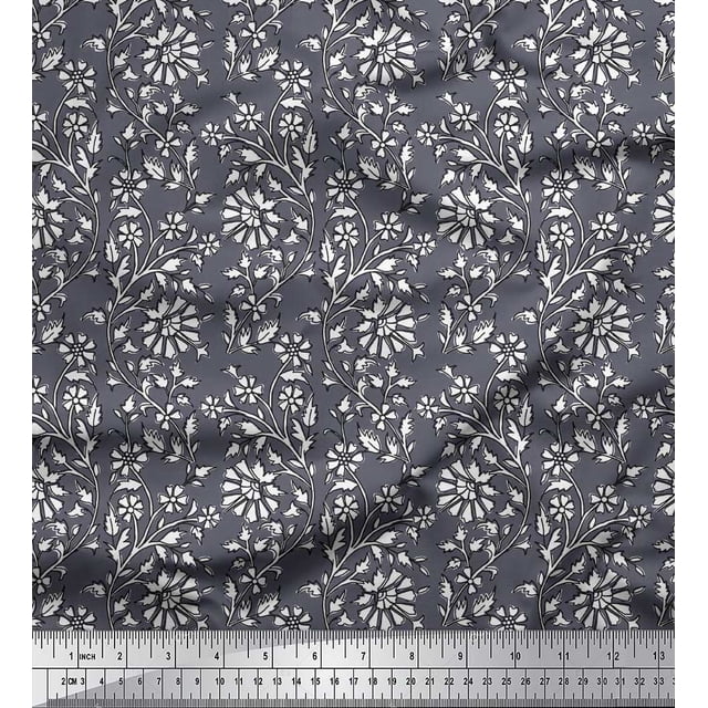 Soimoi Poly Georgette Fabric Leaves & Floral Block Printed Fabric 1 Yard 42 Inch Wide