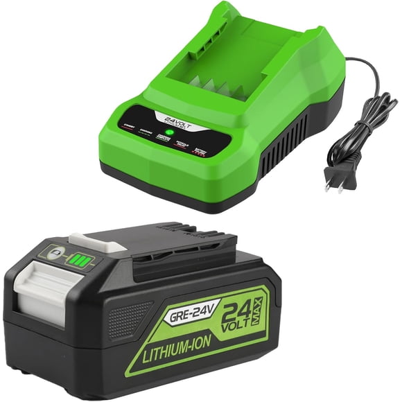 6.0Ah 24V Compatible with Green-works Battery 29842 29852 + Replacement 24V Green-works Battery Charger for Green-works 24 Volt and for Bissell Cleanview XR Pet Battery 4054