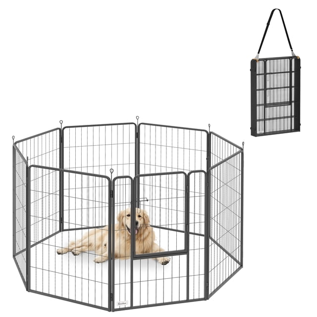 PawHut 39-inch heavy-duty dog playpen with eight black rust-resistant steel panels arranged in an octagonal shape. A golden retriever is lying inside the pen, which features a secure door latch for easy access. The foldable and portable design with an adjustable strap is shown in the inset image.