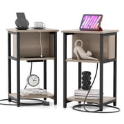 Costway 2 PCS Nightstand 3-Tier End Table with Charging Station USB Ports & Power Outlets Grey & Black