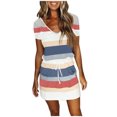 thumbnail image 1 of UPPADA Robes Décontractées à Rayures pour Femmes, Manches Courtes, Robe d'Été de Plage, Ligne A, Col en V, Boho, Robe Midi, Taille à Cordon, Robes Soleil avec Poches, Robes Femmes Décontractées Bleu, G, 1 of 5
