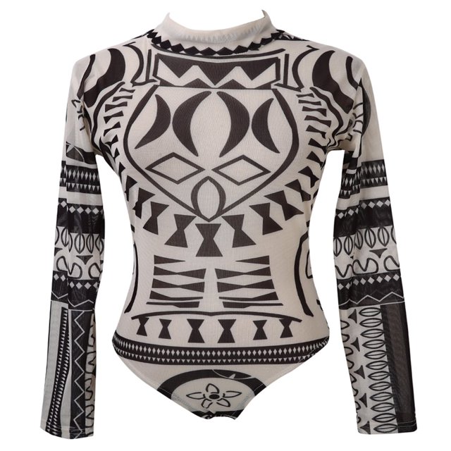 PENGXIANG Justaucorps Extensible pour Femmes à Imprimé Tribal Tatouage, Haut à Manches Longues en Maille Transparente Transparente