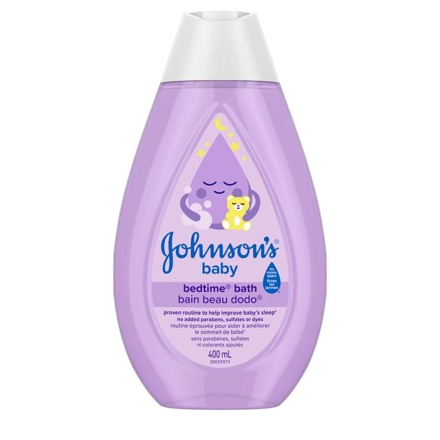 Johnson's Baby NaturalCalm Bedtime Bath Wash in a 400 mL lavender plastic bottle with white flip-top cap, featuring a sleeping water droplet holding a teddy bear on the label, a gentle, hypoallergenic baby body wash free of parabens, sulfates, and dyes to soothe and cleanse baby skin.