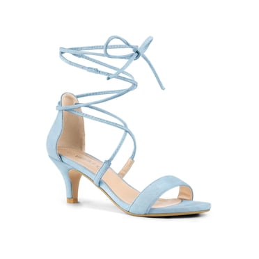 BLISSFUL STEP Sandales à Talon Chaton à Lacets à Bout Ouvert pour Femmes Bleu Ciel (Taille 9,5)