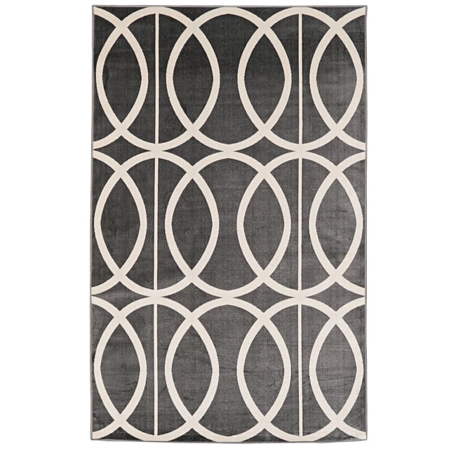 Vintage Arabesque Grey & Ivory 8' x 10' Area Rug with a top-down view showing ivory interlocking circles on a grey microfiber polyester background, featuring a short velvet-like pile with a subtle sheen, ideal for vintage-inspired living spaces or bedrooms.