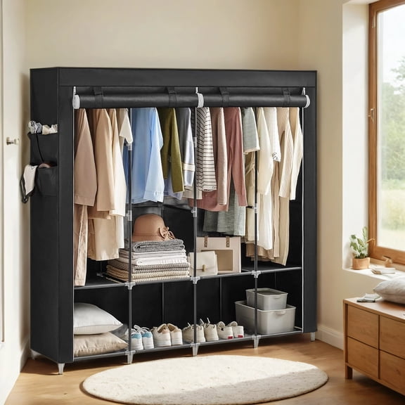 LEDREM Grande Garde-Robe Placard avec 4 Tringles et 4 Poches Latérales, Organisateur de Rangement en Tissu pour Chambre/salon, Assemblage Free Assembly Facile Sans Outils, Noir Encre