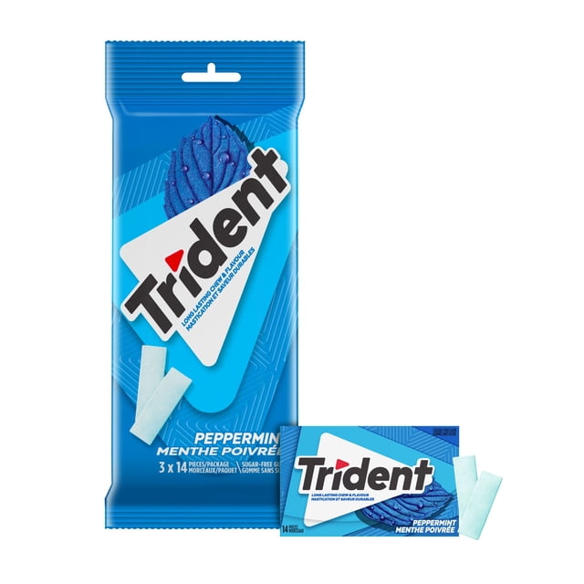 Trident Peppermint Sugar-free Gum Multipack with 3 packs of 14 pieces (42 total) in blue packaging featuring a peppermint leaf graphic and white gum sticks, providing long-lasting minty freshness and oral health benefits suitable for on-the-go use.