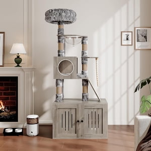 Arbre de chat, Tour de chat de 66,9 pouces avec boîtier en litter box, avec hamac, coussins lavables