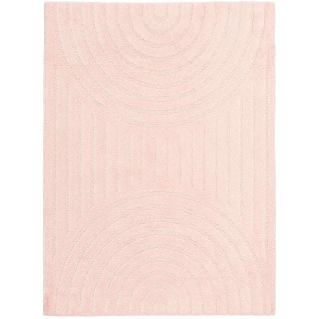 Rug Ease Archway Pink Machine Washable Area Rug in soft pink with a rectangular shape, featuring a machine-tufted polypropylene surface with concentric arch and vertical line textures, non-skid backing, and designed for durability in high-traffic spaces; also suitable for homes with children and pets due to its easy machine washable feature.