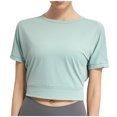thumbnail image 1 of Besolor Hauts Courts d'Entraînement pour Femmes à Rayures, Col Ras du Cou, Manches Courtes, Chandails d'Été Décontractés, T-Shirts de Yoga et de Sport, 1 of 6
