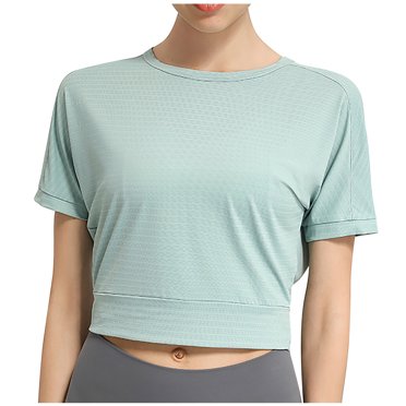 Besolor Workout Crop Tops for Women Striped Crewneck Short Sleeve Summer Shirts Casual Yoga Sports Tees