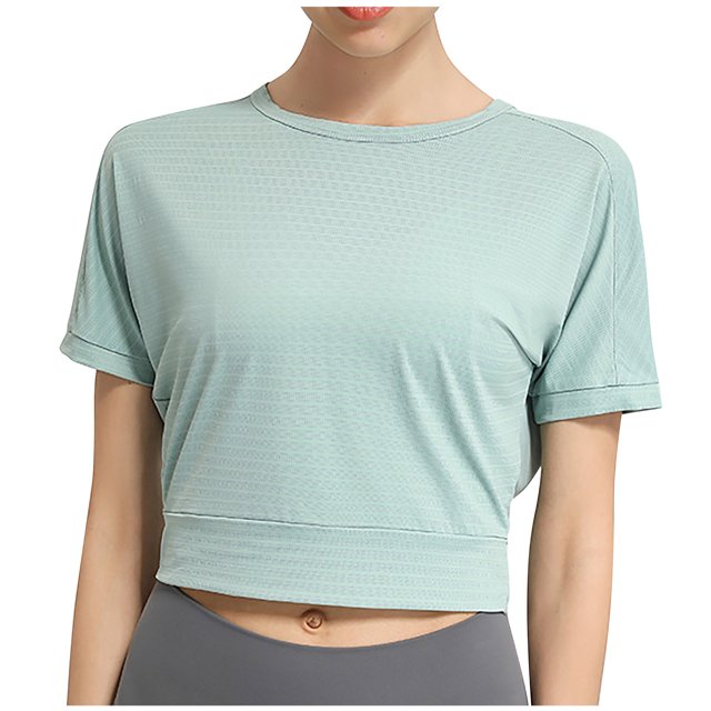 Besolor Hauts Courts d'Entraînement pour Femmes à Rayures, Col Ras du Cou, Manches Courtes, Chandails d'Été Décontractés, T-Shirts de Yoga et de Sport