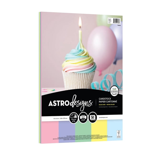 Astrodesigns Colored Cardstock pack containing 50 sheets of pastel multicolour cardstock in pink, lilac, green, yellow, and blue, sized 8.5 x 11 inches with 65 lb weight, acid-free and lignin-free, suitable for crafts, scrapbooking, and compatible with electronic cutting machines for detailed designs.