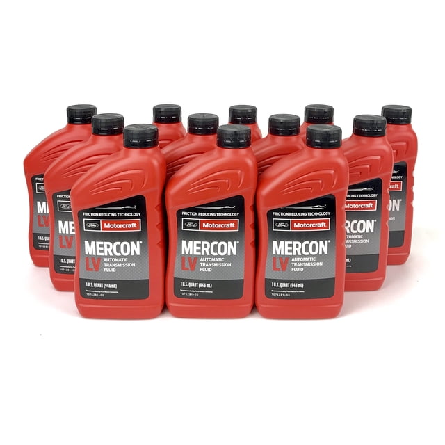 Motorcraft Boîtier de 12 Pintes de Liquide de Transmission Automatique MERCON LV, Comprenant Douze Bouteilles Rouges de 1 Pinte avec Capuchons Noirs et Étiquette Audacieuse. Conçu pour les Systèmes de Transmission Multi-Véhicules, Ce Liquide Réduit la friction et Assure un Fonctionnement Fluide. Convient à l'Entretien et aux Réparations Automobiles.