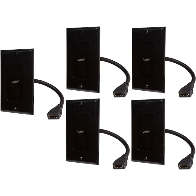 Buyer's Point HDMI Wall Plate with 6-Inch Pigtail Built-In Flexible Hi-Speed HDMI Cable with Ethernet, 2-Piece Decora, Single Outlet Port Insert, Perfect for Home Theater Systems Pack of 5 black