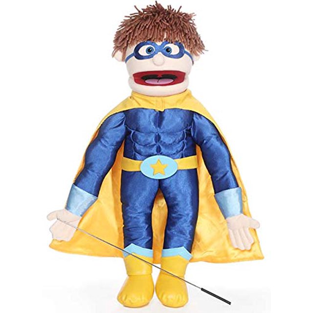 25-inch superhero-themed ventriloquist style puppet by Silly Puppets, featuring a blue bodysuit with a yellow star emblem, removable yellow cape, and mask. Includes a metal arm control rod for hand movement. Lightweight and durable, designed for beginners and experienced puppeteers.