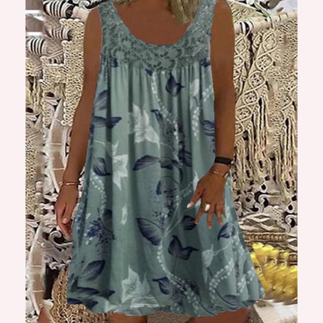 SMihono Robe Bohème d'Été pour Femmes Grande Taille Robe Sans Manches Ample Imprimée à Col Rond en Dentelle Patchwork pour Femmes Printemps/été