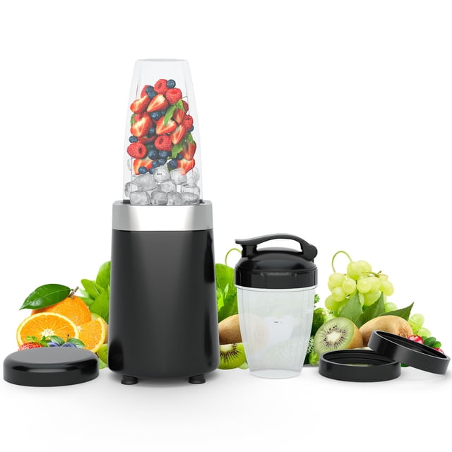 Gymax 1000W Powerful Blender with 6 stainless steel blades and two BPA-free Tritan cups (24 oz and 12 oz). The image shows the black and silver blender with a tall blending cup filled with fruits and ice, alongside a smaller cup with a travel lid and additional accessories. Fresh fruits like oranges, kiwis, and grapes are displayed around the blender, emphasizing its use for making smoothies and juices.