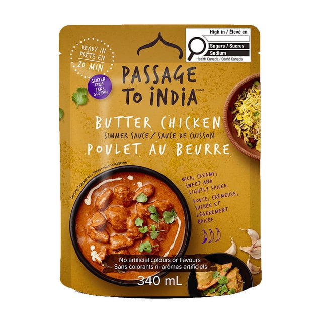 Passage Foods Passage to India Butter Chicken Simmer Sauce 340 ml pouch showing front packaging with creamy, mild, and lightly spiced butter chicken curry garnished with cilantro, garlic cloves, and a bowl of rice on a mustard yellow background, gluten-free and ready in 20 minutes, suitable for quick Indian meals.