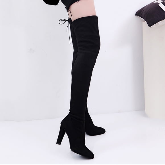 XIMIN Bottes pour Femmes au-Dessus du Genou Élégantes Cuissardes à Talons Épais Bottes d'Équitation à Talon Bloc Haut Bas Plateforme Cuissardes Bout Rond Longues Bottes (Noir, Gris)