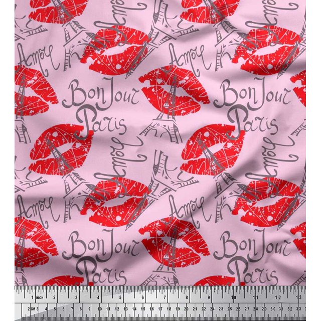 Soimoi Pink Poly Georgette Fabric Text,Eiffel Tower & Lips Women Printed Fabric 1 Yard 42 Inch Wide