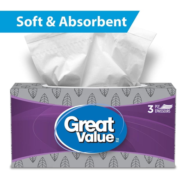 Great Value, Facial Tissues, 1 flat box with 88 white 3-ply tissues designed for softness and absorbency, in a rectangular box with a purple and gray leaf pattern and the Great Value logo, suitable for household use and often used for makeup removal or cleaning small spills.