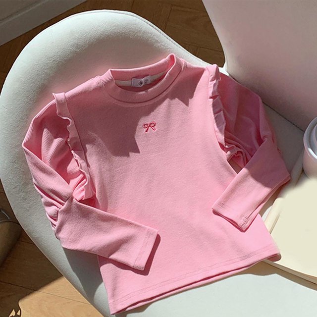RXIRUCGD 1-10 Ans Mode Enfant Chemise Brodée Nœud Base Manches Longues Col Rond Haut/chemise (Rose, Taille : 2-3 Ans)